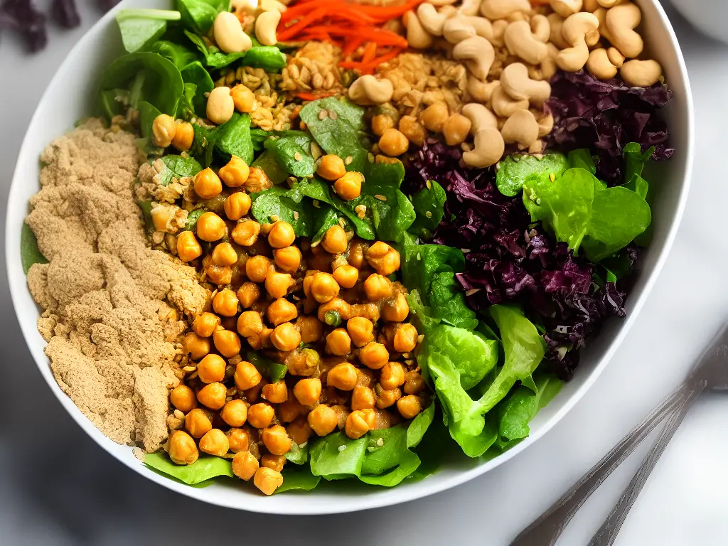 A salad bowl filled with different protein substitutes for tofu, including tempeh, seitan, chickpea flour, cashew cheese, and jackfruit.