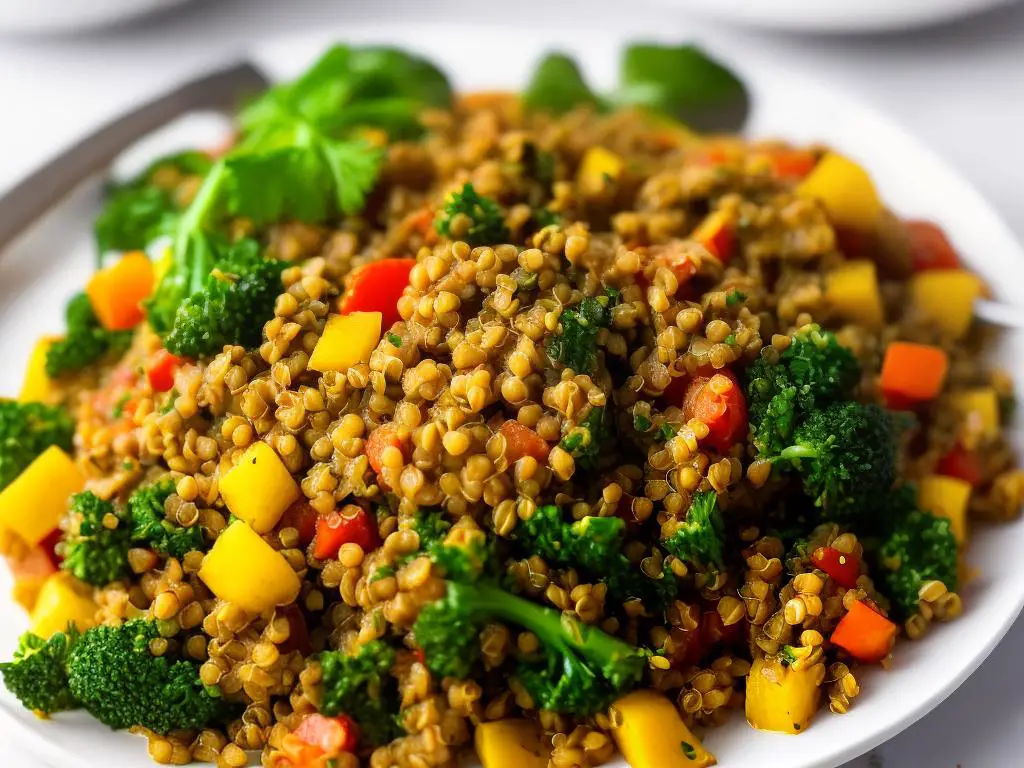 A close-up shot of a colorful and hearty-looking vegan meal made of lentils, quinoa, vegetables, and greens, on a white plate with a fork and knife beside it.