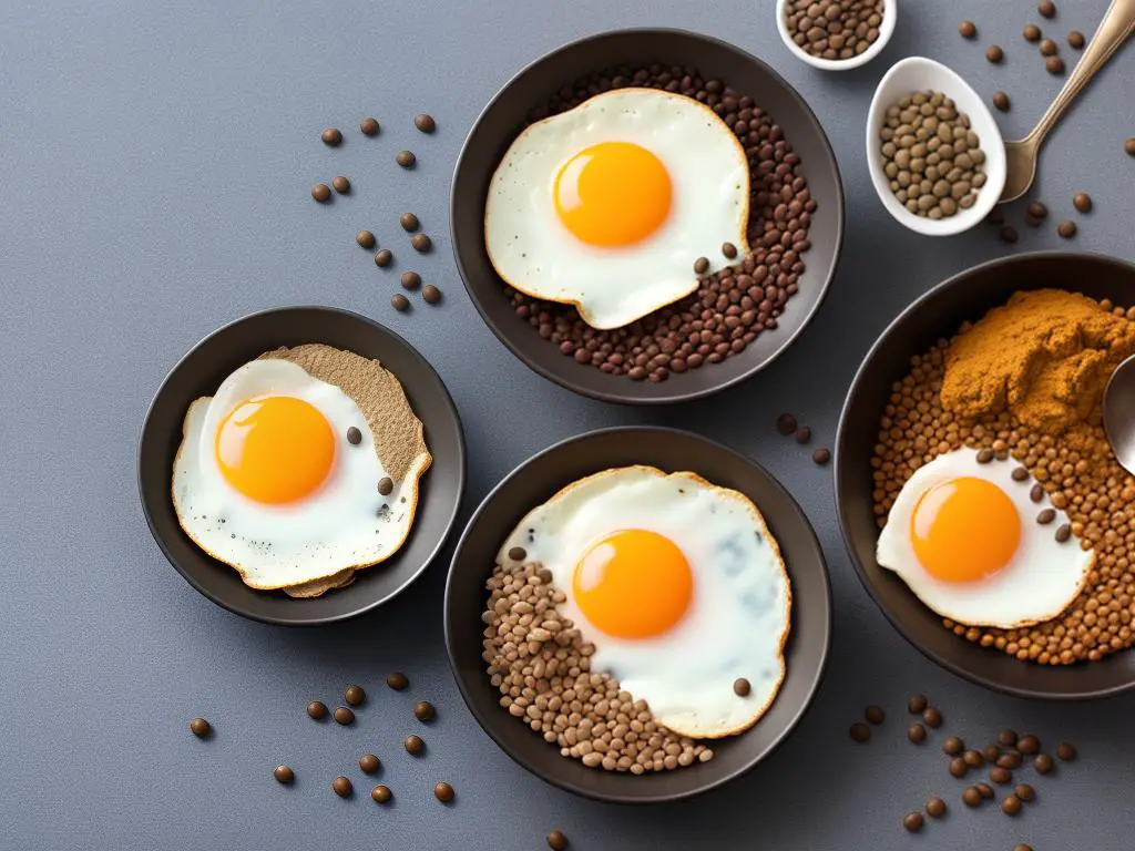 A variety of protein-rich breakfast foods like eggs, beans, lentils, peanut butter, and canned fish.