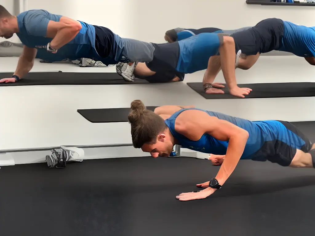 An image illustrating a perfect push-up posture, with a person in a plank position with their hands just wider than their shoulders and arms straight but not locked out. Their body is straight and tight, with no sagging or bending in the hips or lower back.