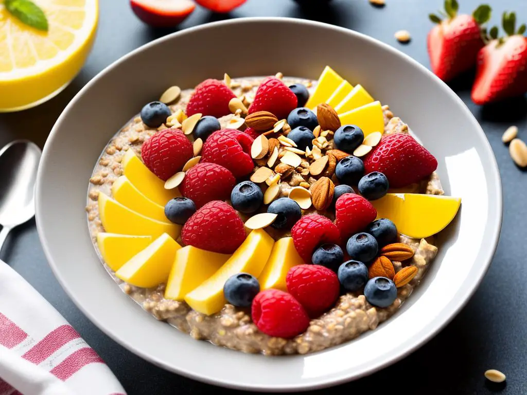 A bowl of overnight oats topped with fresh fruits, nuts, and honey, ready to be enjoyed as a healthy breakfast option for a busy morning.