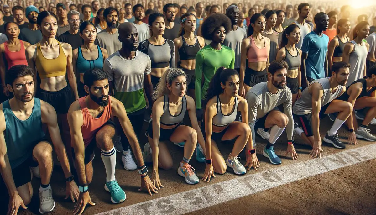 A group of runners lined up at the starting line, looking determined and ready for the race