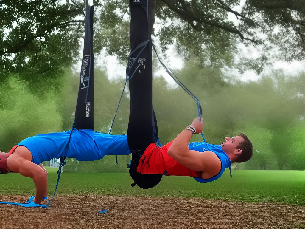 A drawing of a person doing a chest press with a resistance band looped around a tree or a pole for upper body strength.