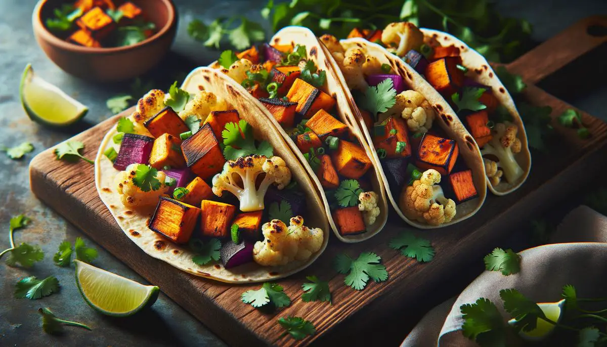 Colorful tacos filled with roasted sweet potatoes and cauliflower, topped with fresh herbs