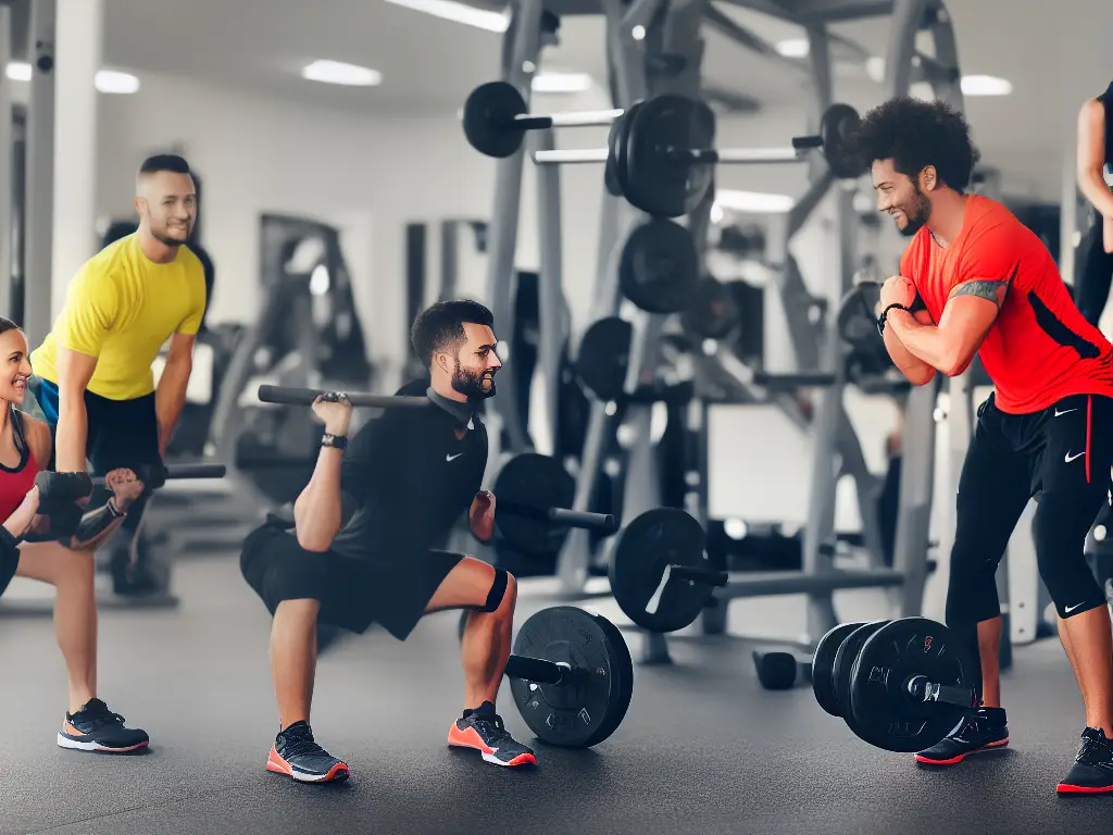 An image of a person in running gear, lifting weights while being supervised by a coach