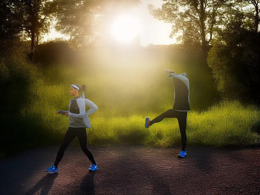 A person stretching before running with the sun rising in the background.