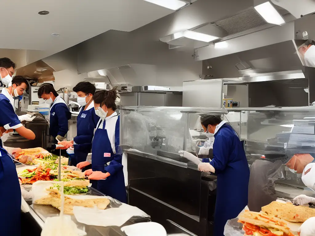 An image of a group of people working in a sandwich shop, with sandwiches being made, packaged and delivered out of the shop.