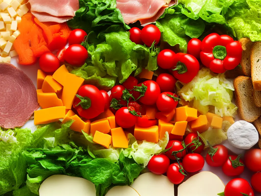 An image of a variety of sandwich ingredients including lettuce, tomatoes, bell peppers, cheese, ham, turkey, and bread, all arranged in colorful rows.