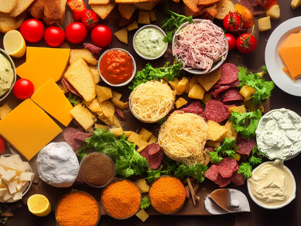 A colorful image of a variety of sandwich ingredients laid out on a table, including different types of bread, cheese, meats, vegetables, and spreads.