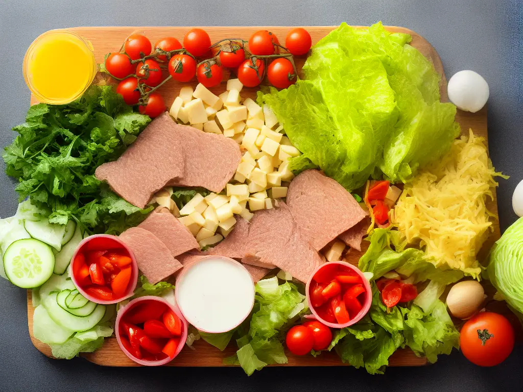 An image depicting fresh, colorful sandwich ingredients like lettuce, tomato, cucumber, onion, cheese, and deli meat. The ingredients are arranged on a cutting board with a knife lying beside them.