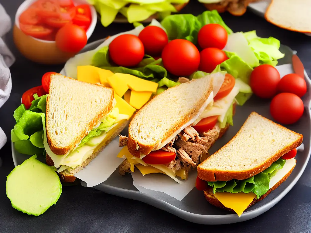 A sandwich on a plate with open bread, lettuce, sliced turkey, tomatoes, and cheese on the side. The image shows the different ingredients one needs to make a sandwich.