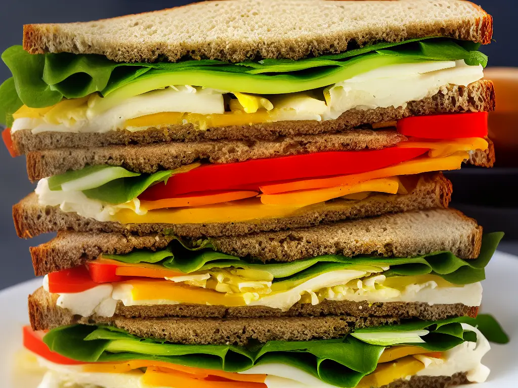 A graphic of a sandwich cut in half showing all the layers including the bread, filling, and various vegetables.