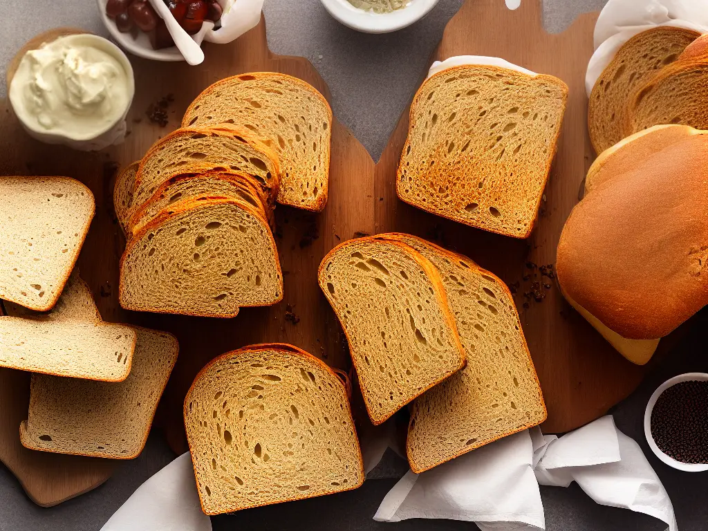 An image showing different types of sandwich breads like white bread, whole wheat bread, rye bread, sourdough bread and focaccia, arranged in a row.