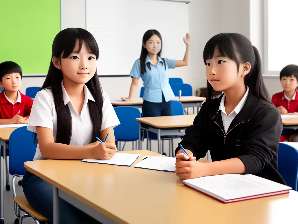 An image of a student sitting at their desk, raising their hand to ask a question while their classmates listen attentively to the teacher in front of the classroom.