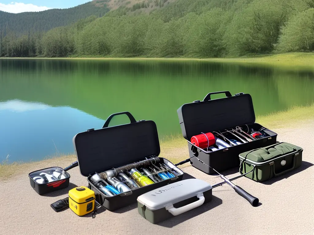 An image of a fishing rod, reel, and tackle box sitting on the shore of a lake during a sunny day.