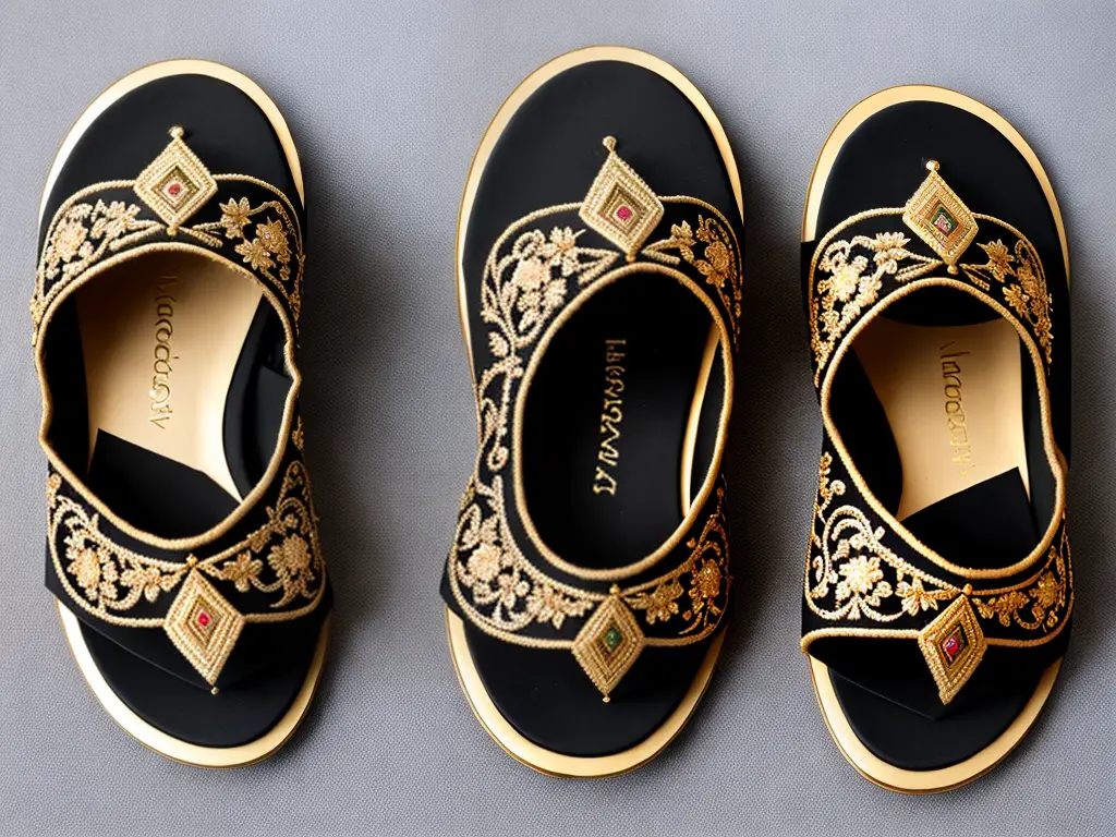 A pair of traditional, ornately decorated Middle Eastern slippers, or babouches, reflecting both cultural significance and exquisite craftsmanship.