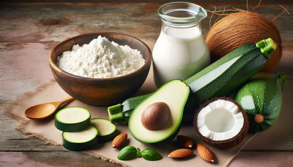 A variety of unique and colorful ingredients for special diet cooking, including almond flour, coconut milk, zucchini, and avocado