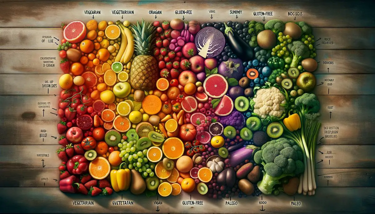 Illustration of a variety of colorful fruits and vegetables representing special diets