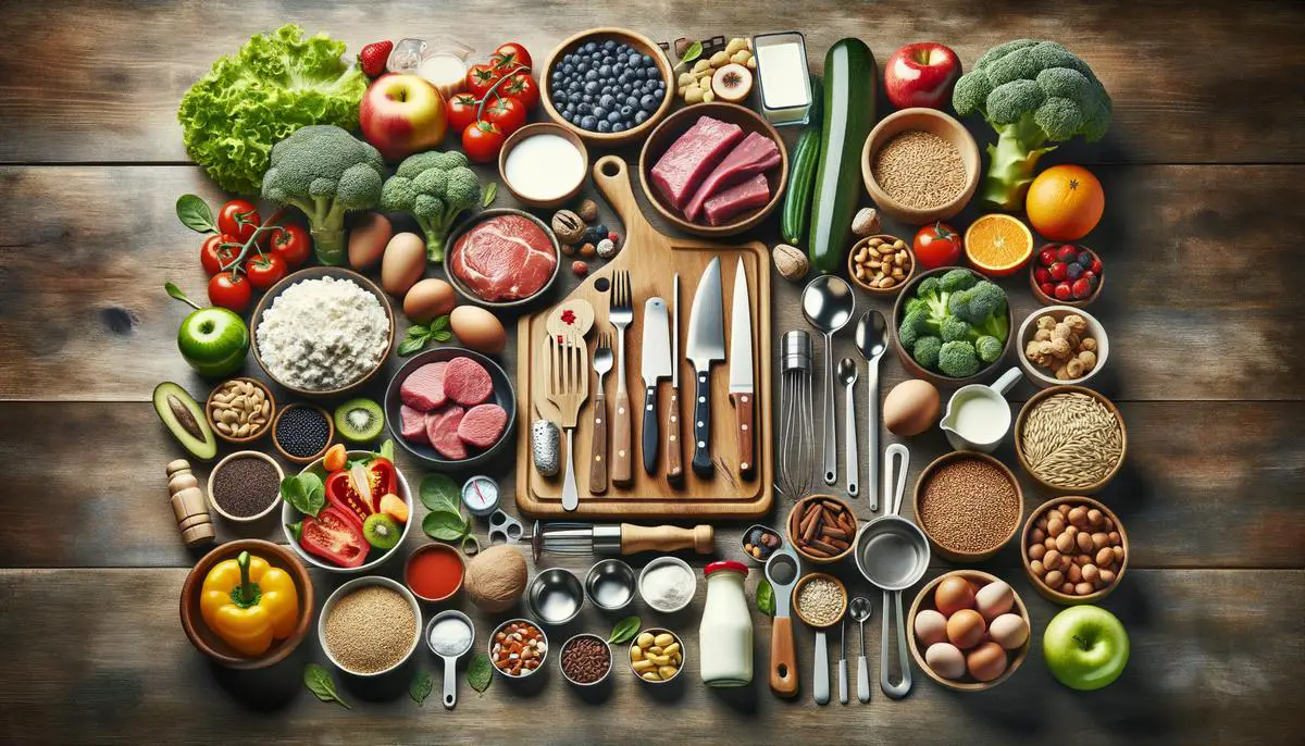 A variety of ingredients and kitchen utensils organized on a table, representing tips for navigating a special diet