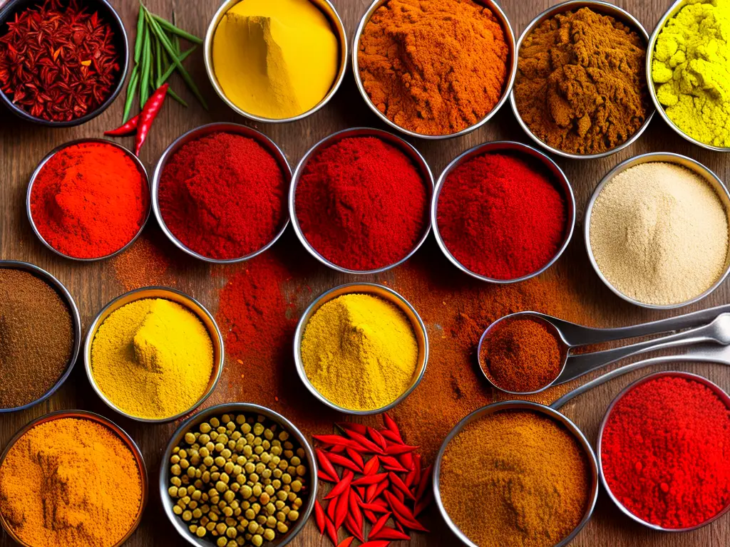 A colorful explosion of Indian spices, including turmeric, coriander, mustard seeds, and chili powder, against a bright red background.