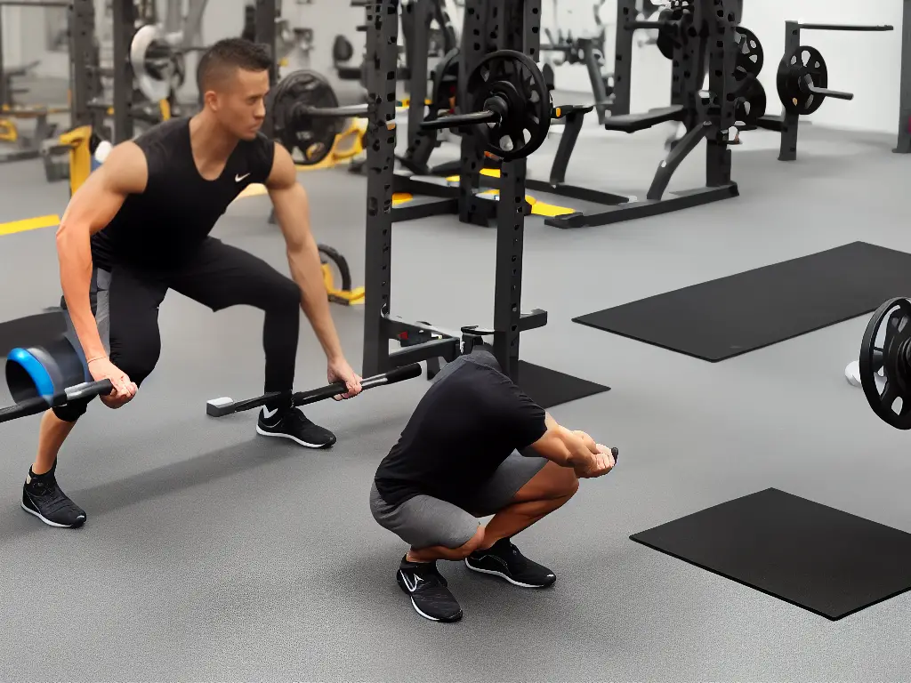 A person performing a bodyweight squat with proper form, with their feet shoulder-width apart and toes slightly pointed out.