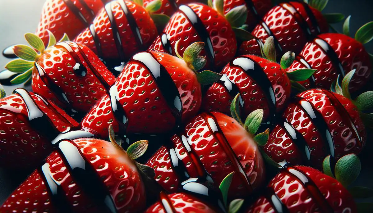 A close-up image of perfectly prepped strawberries with a fan shape, drizzled with balsamic vinegar, and macerated to enhance their flavor.