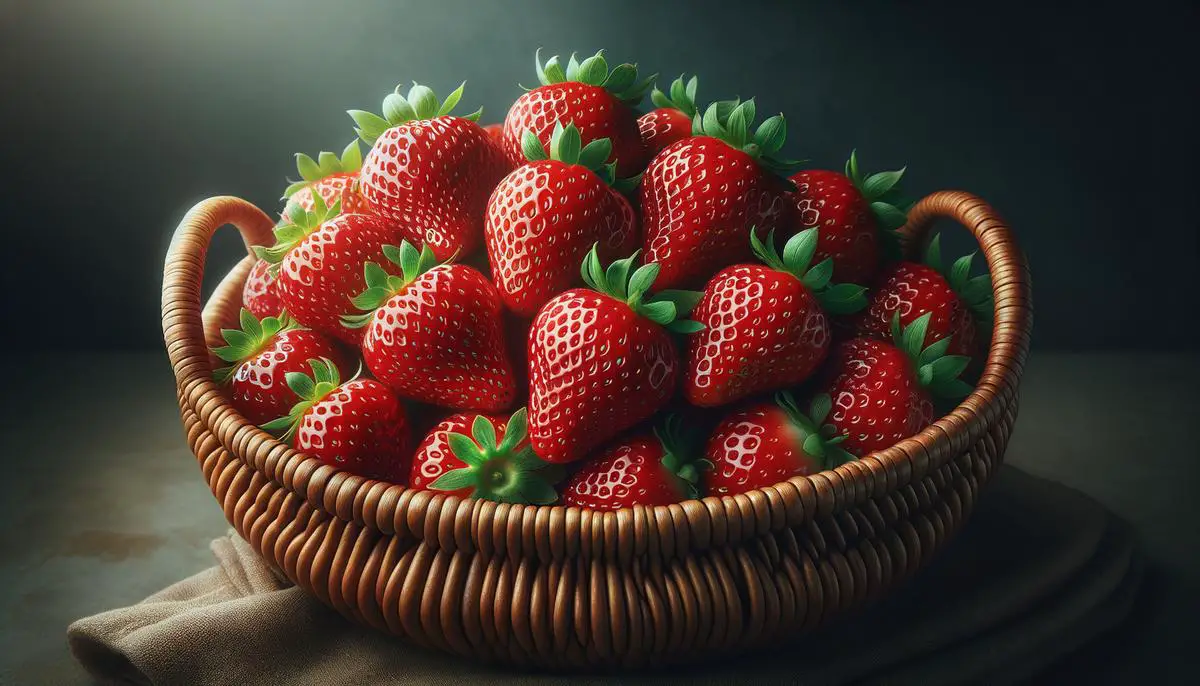 Image description: Fresh strawberries arranged in a basket, showcasing their vibrant red color and freshness