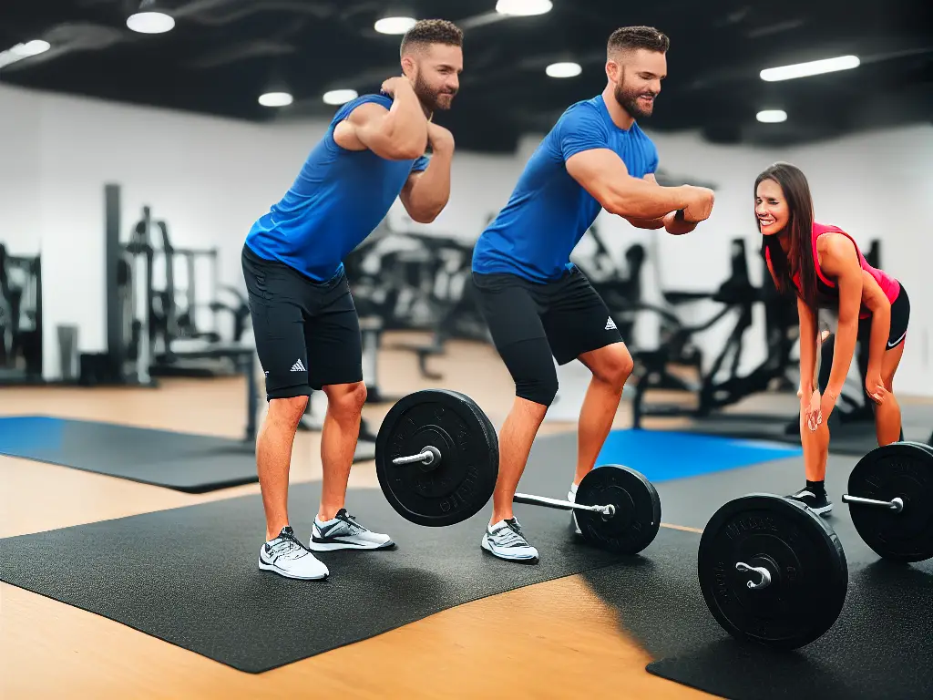 A person lifting weights in a gym with a trainer assisting with form.