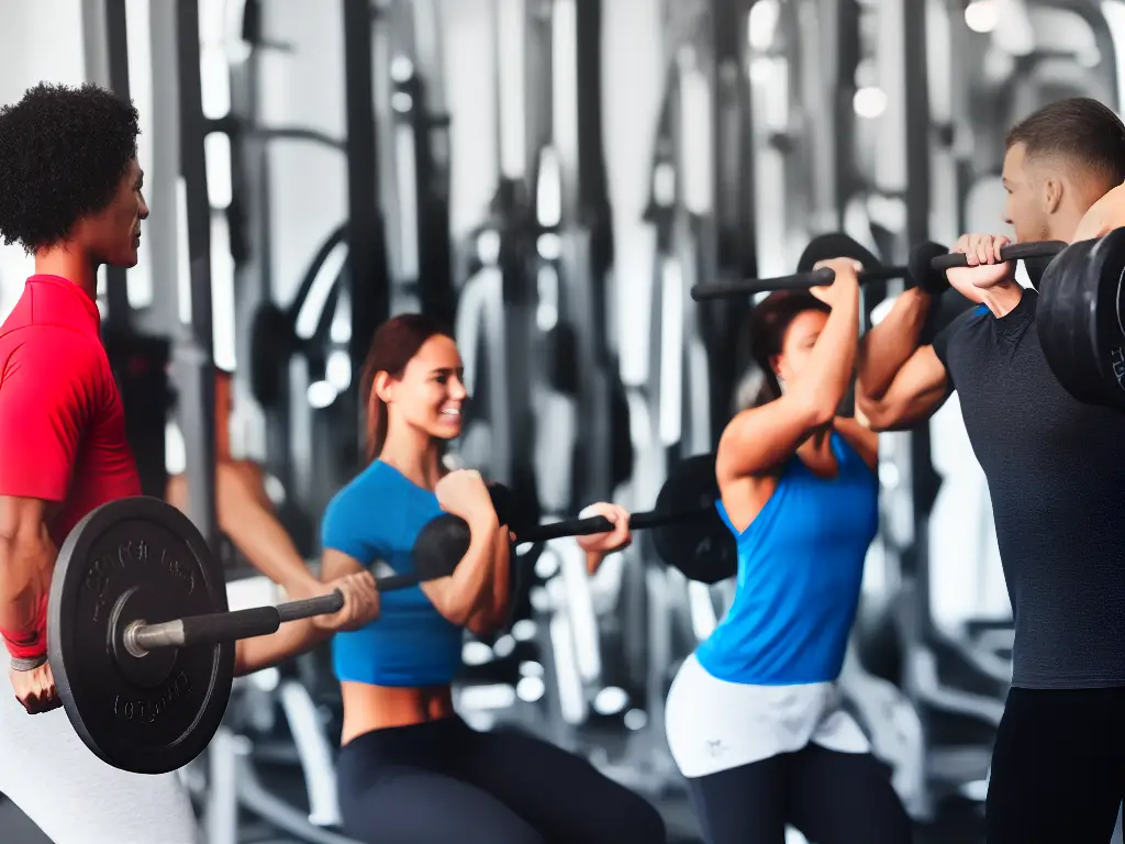 A person lifting weights with a trainer nearby, probably in a gym or fitness center.