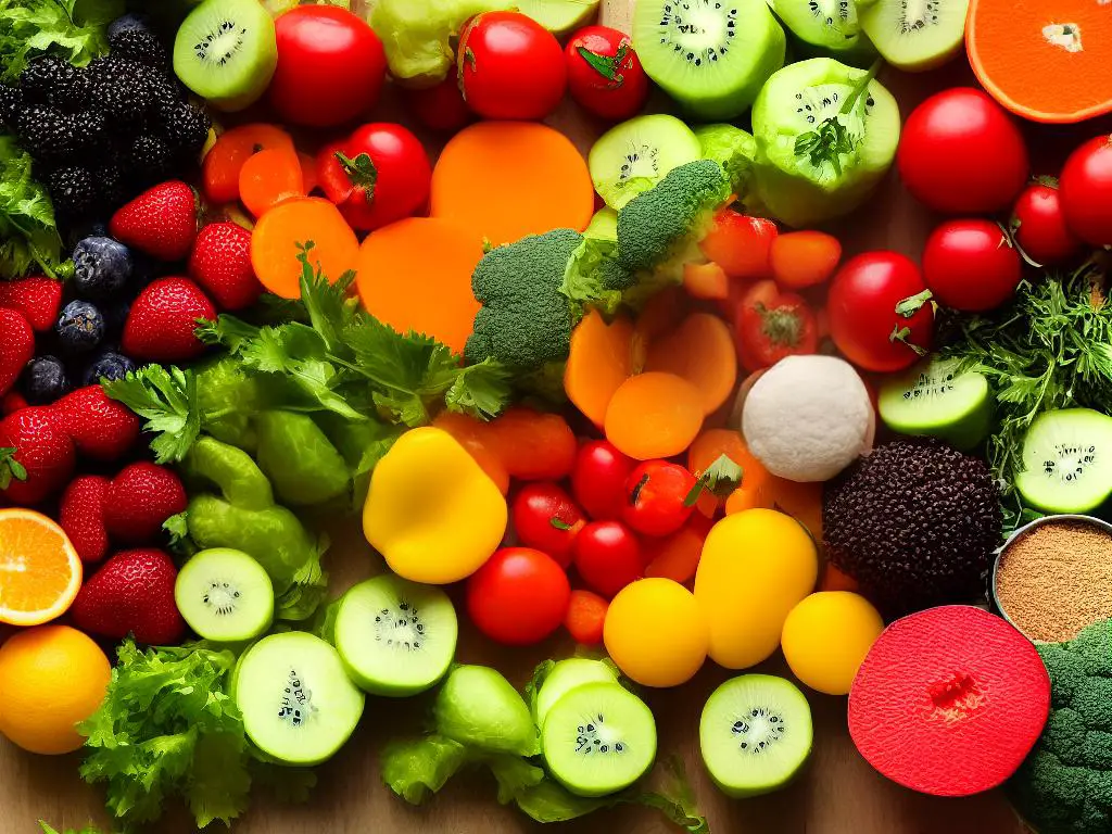 A variety of colorful fruits and vegetables, highlighted with plant-based protein sources like tofu and chickpeas.