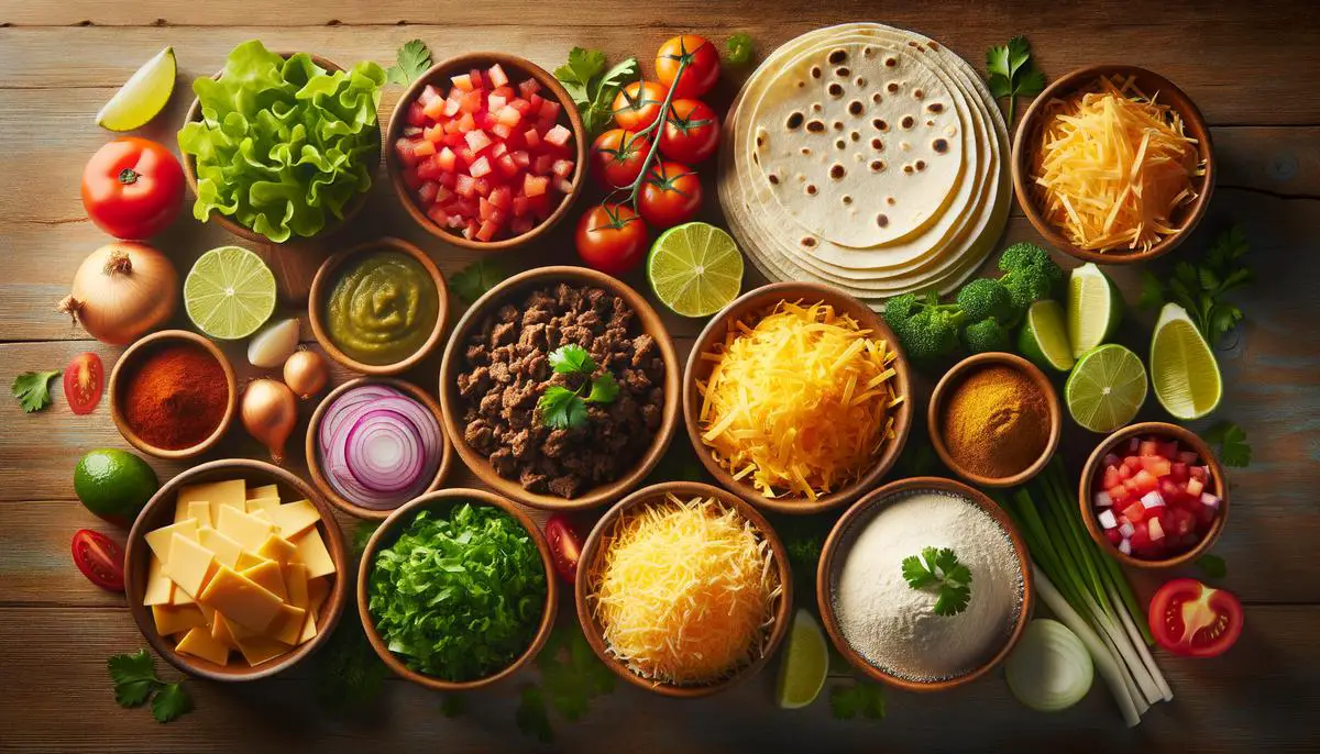 A colorful assortment of fresh ingredients used to make tacos, including tortillas, protein, cheese, vegetables and herbs