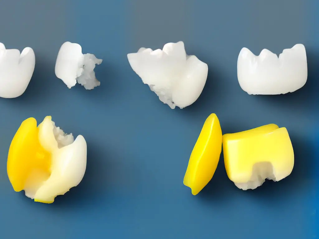 Illustration of two teeth side by side. The tooth on the left is healthy and white, while the tooth on the right is yellow and covered in tartar buildup. The illustration depicts how tartar-control toothpaste can prevent and reduce tartar buildup on teeth.