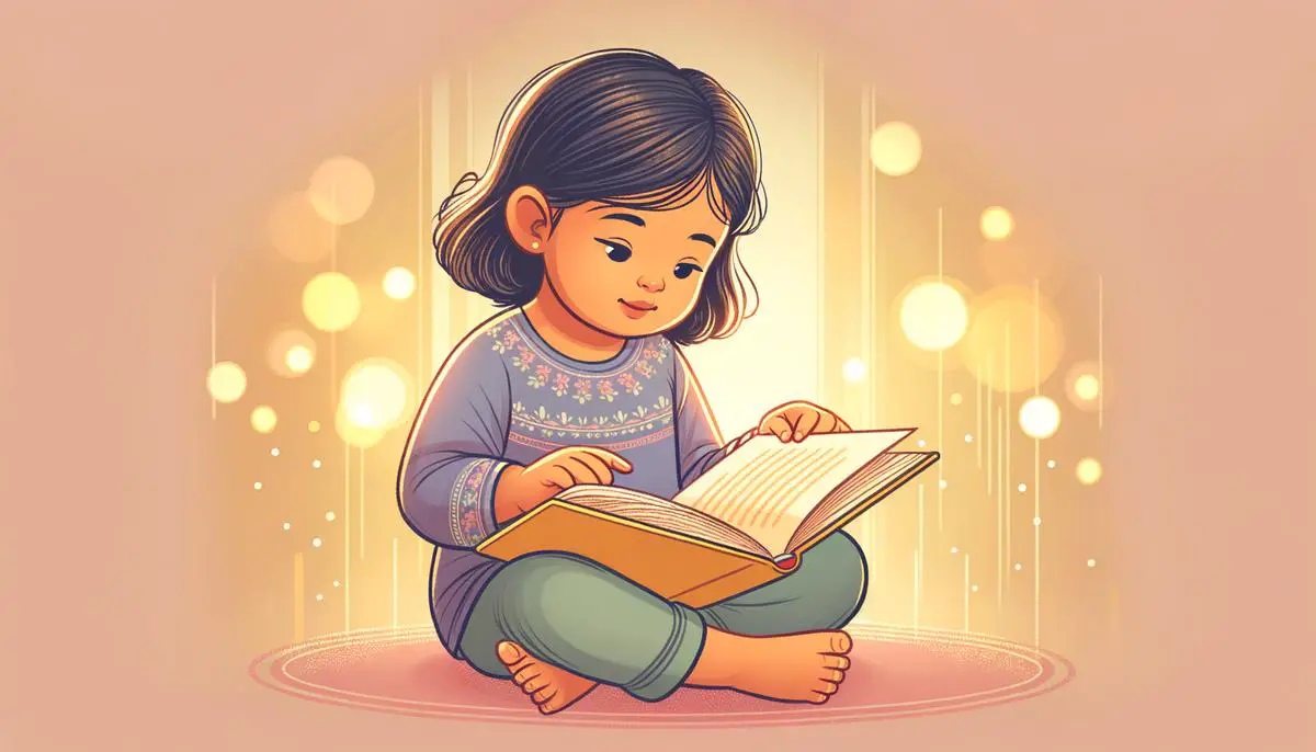 Image of a toddler sitting and engaged in reading a book, showing the importance of reading to toddlers for their development