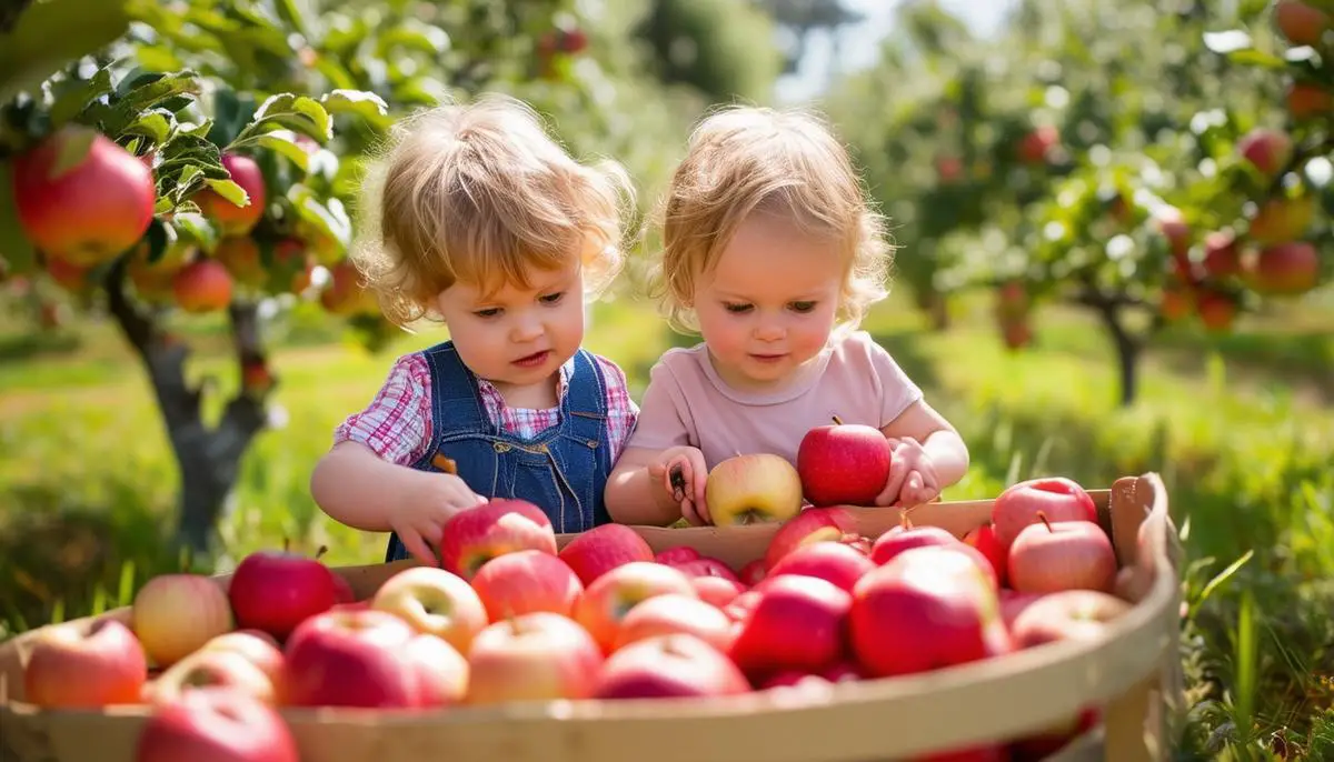 Toddlers picking apples at Willowbrook Apple Farm in Oak Glen