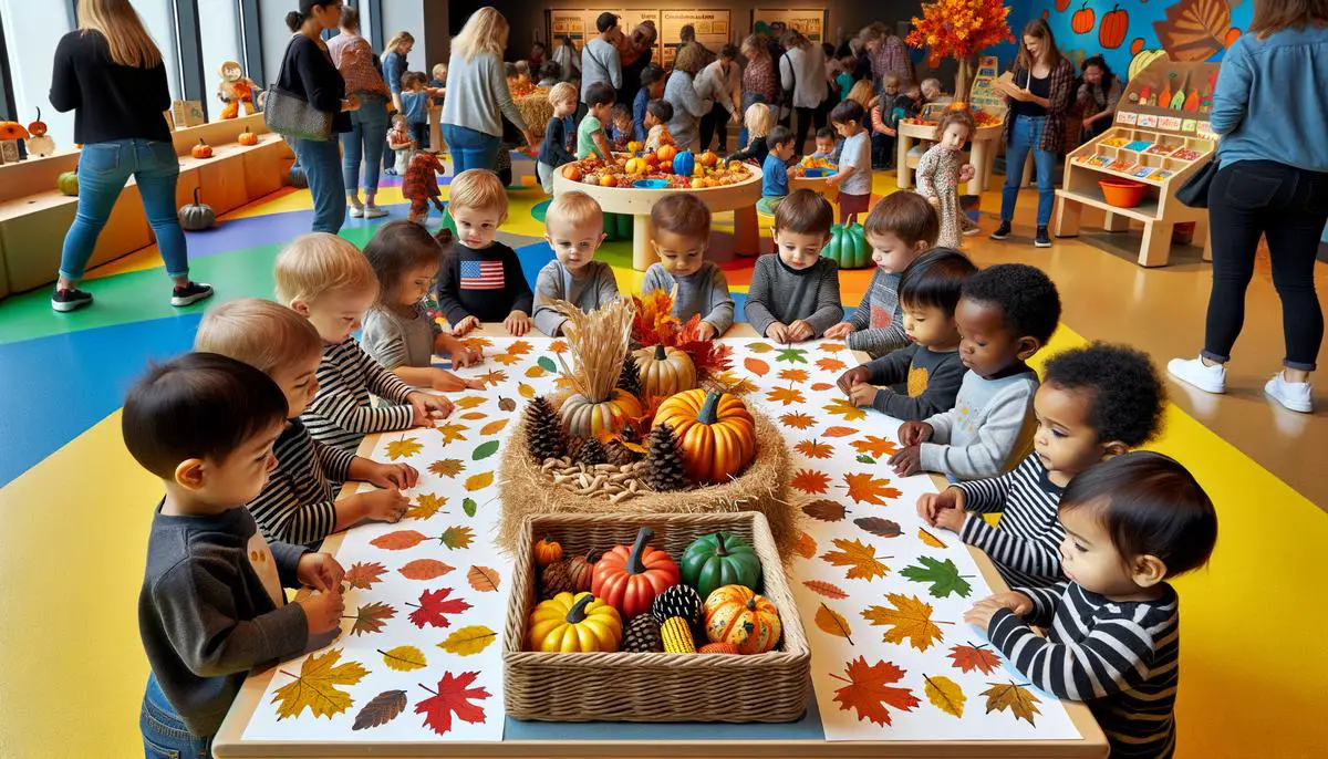 Toddlers participating in a fall-themed activity at a children's museum