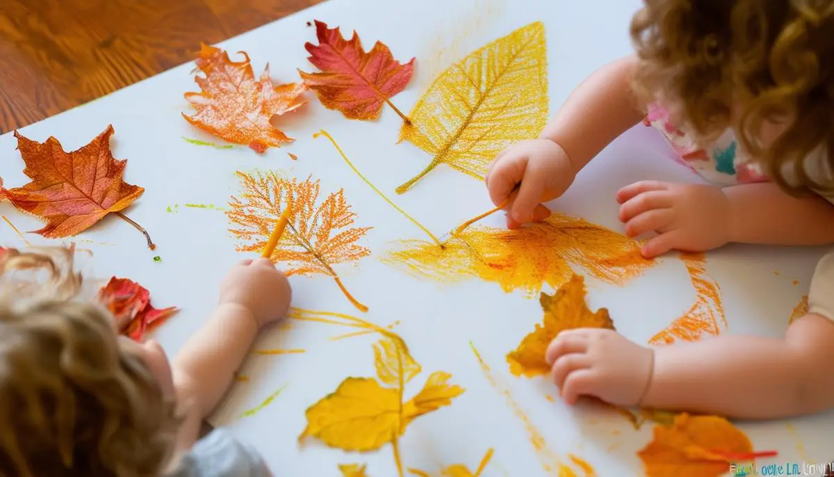 Toddlers creating leaf rubbings as a fall craft at home