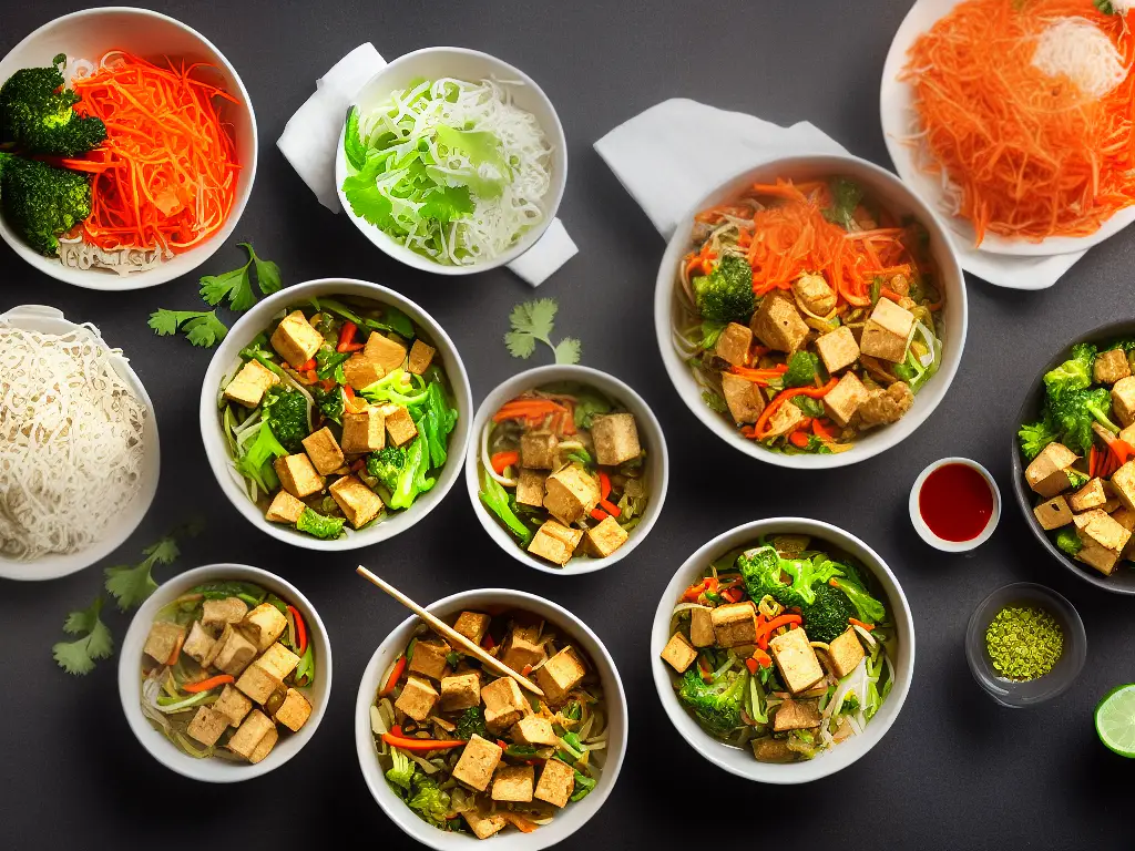 The image shows a variety of tofu dishes such as stir fry, salad and soup. Some of the ingredients are clearly visible including carrot, mushrooms, bean sprouts, tofu cubes, sliced onions and green vegetables. The image depicts a delicious and healthy meal comprising of tofu.