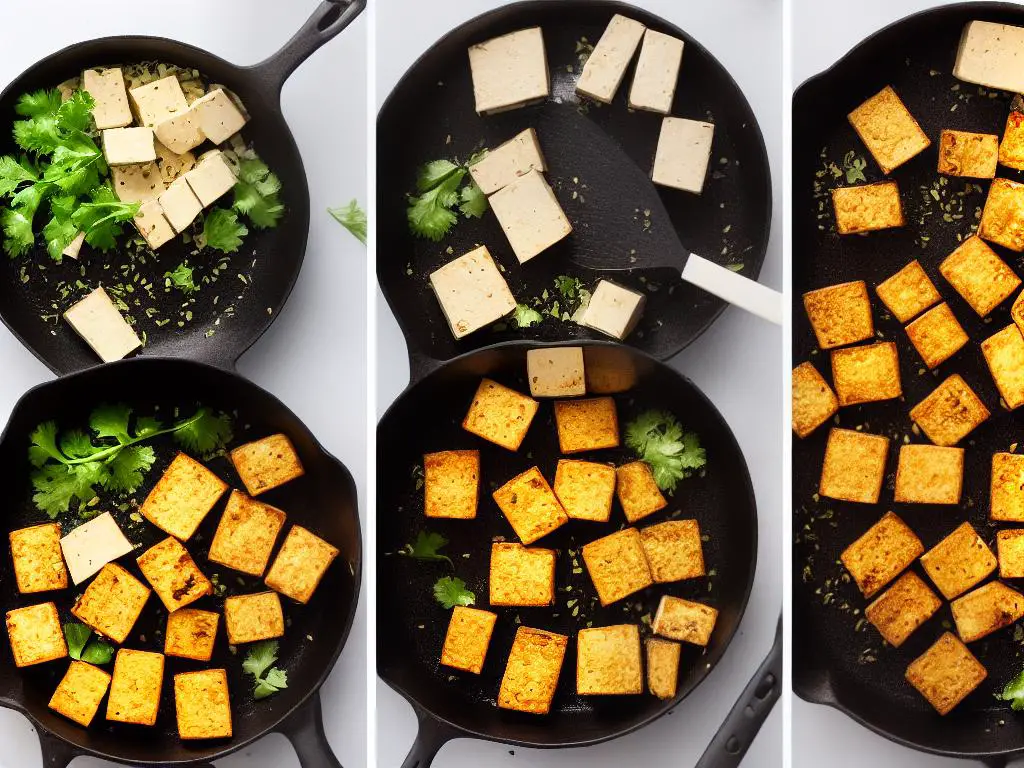 Three different images showing tofu being fried, baked, and grilled on a grill pan.