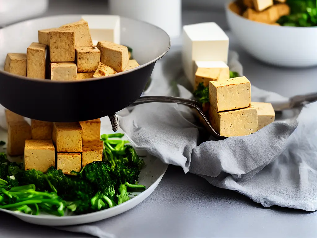 A picture of a block of tofu being pressed with a weighted object and elastics to remove excess water before cooking.