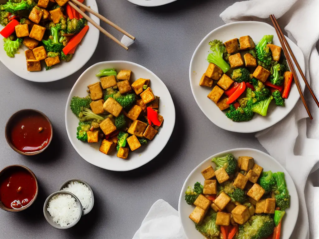 A plate of stir-fried tofu with mixed vegetables in a savory sauce