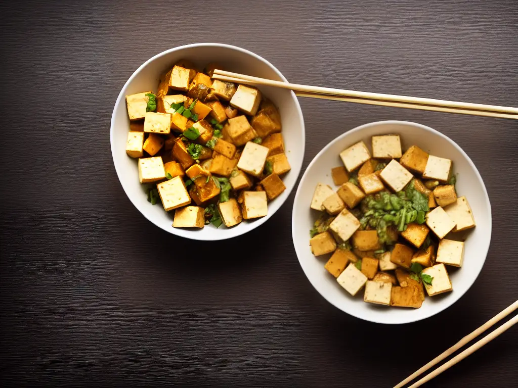 Image of a bowl of tofu with chopsticks laying next to it on a wooden table, to illustrate the rich history and global popularity of tofu.