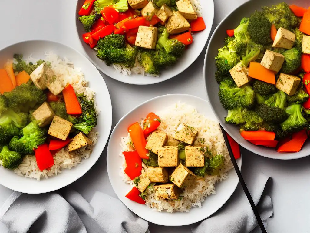 A picture of tofu being served on a plate with various vegetables and rice. It is a healthy and versatile food that can be eaten in many different ways.