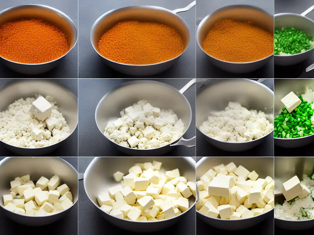 A series of pictures that show the step-by-step process of tofu-making from soaking soybeans to pressing the curds and finally packaging the tofu blocks.