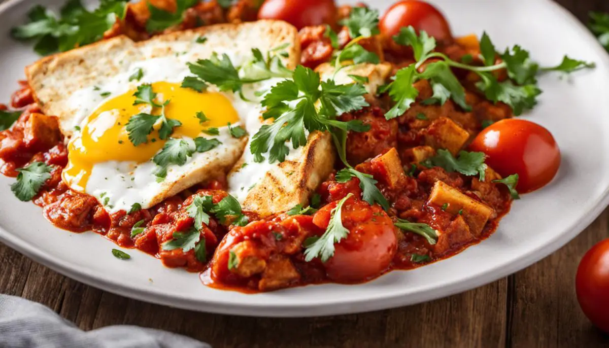 A plate of tofu Shakshuka with vibrant colors and a rich tomato sauce.