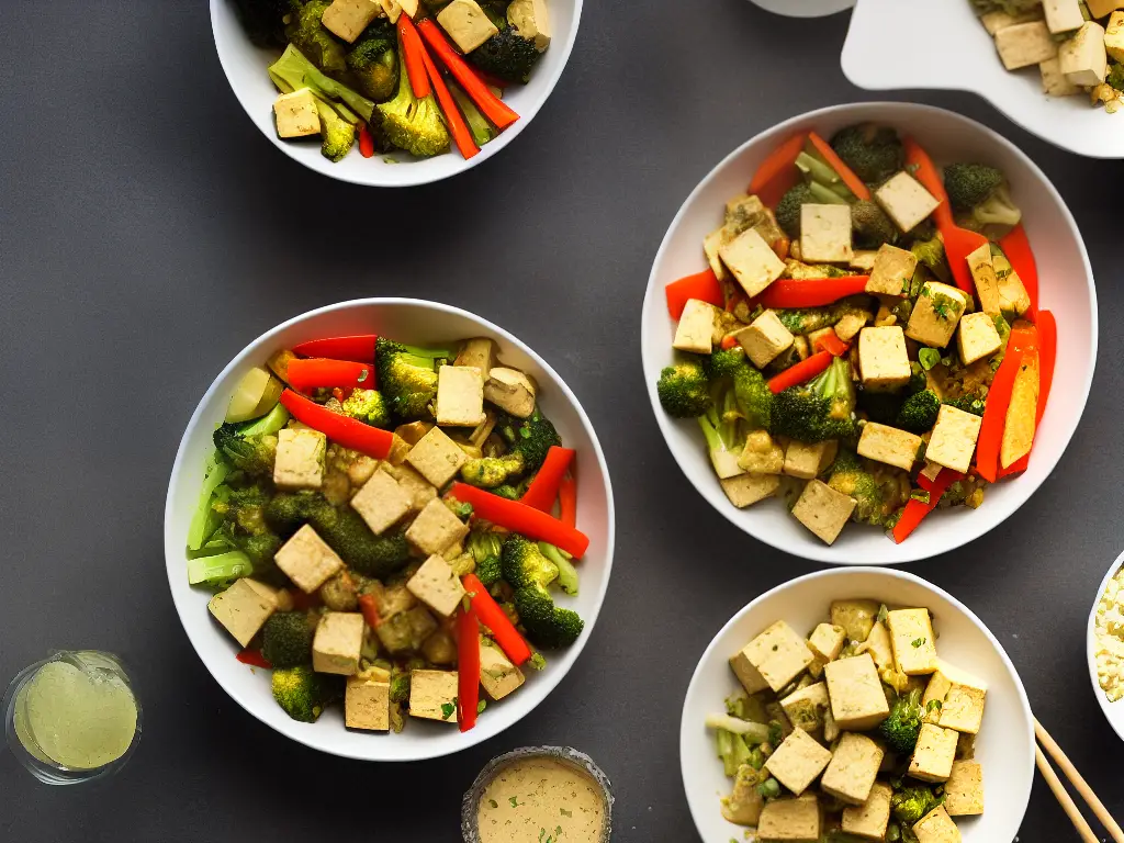 An image showing soft, firm, and extra-firm tofu blocks arranged from left to right, with a bowl of stir-fried vegetables and tofu in the background