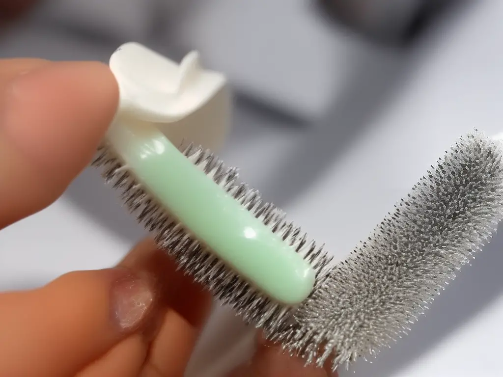 A picture of a toothbrush with Colgate toothpaste squeezed on its bristles, held in someone's hand.