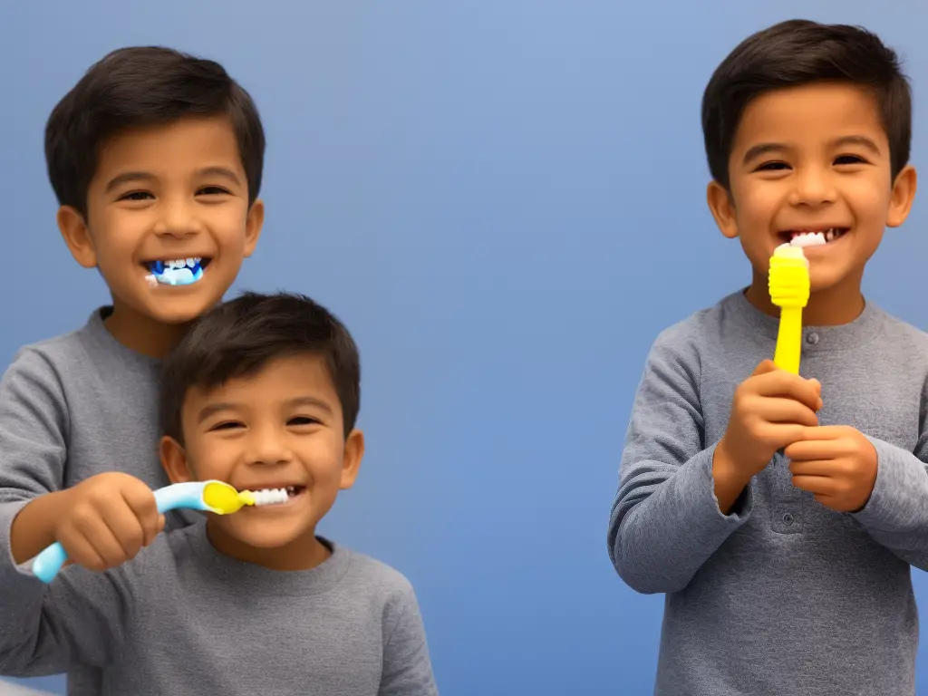 An image showing a child brushing his teeth with a soft-bristled toothbrush while smiling.