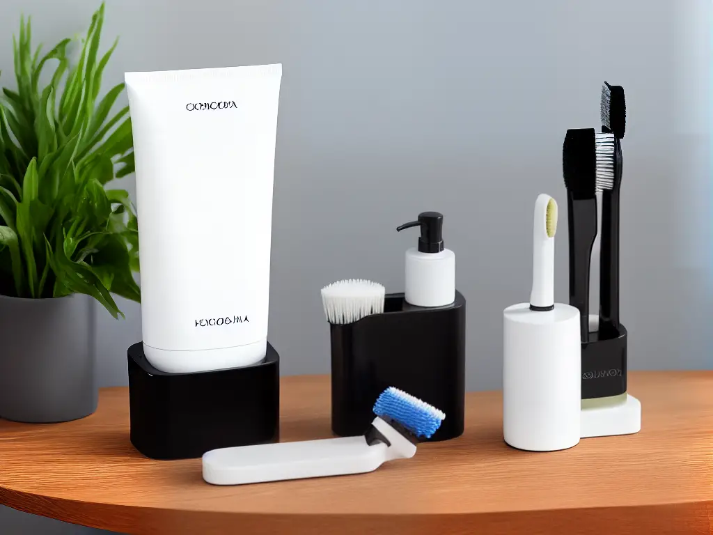 A white ceramic toothpaste dispenser with a black pump top and a toothbrush sitting next to it.