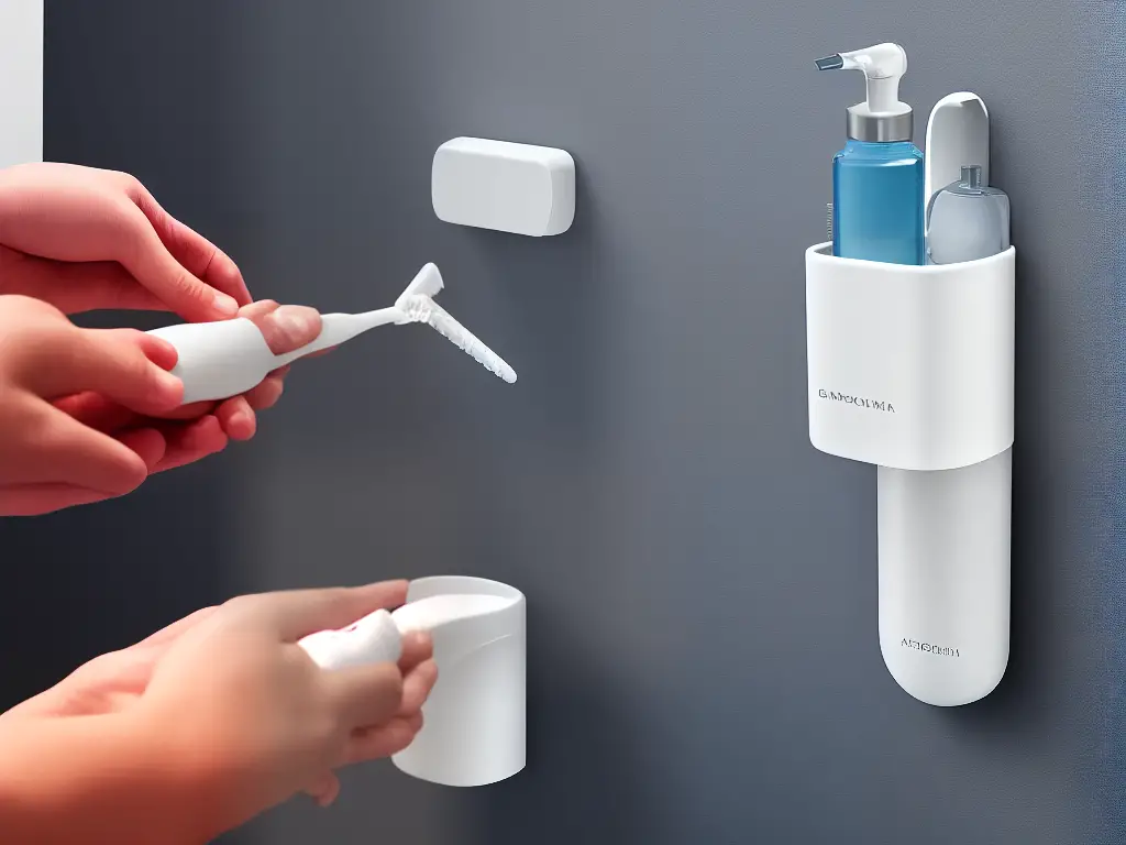 A demonstration image of a toothpaste dispenser with a hand pressing a toothbrush against it