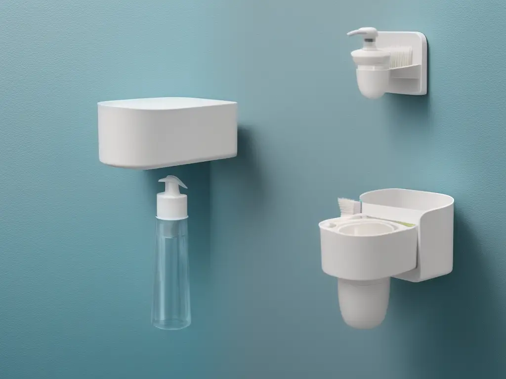 An image of a wall-mounted toothpaste dispenser, with a toothbrush inserted into the nozzle for dispension